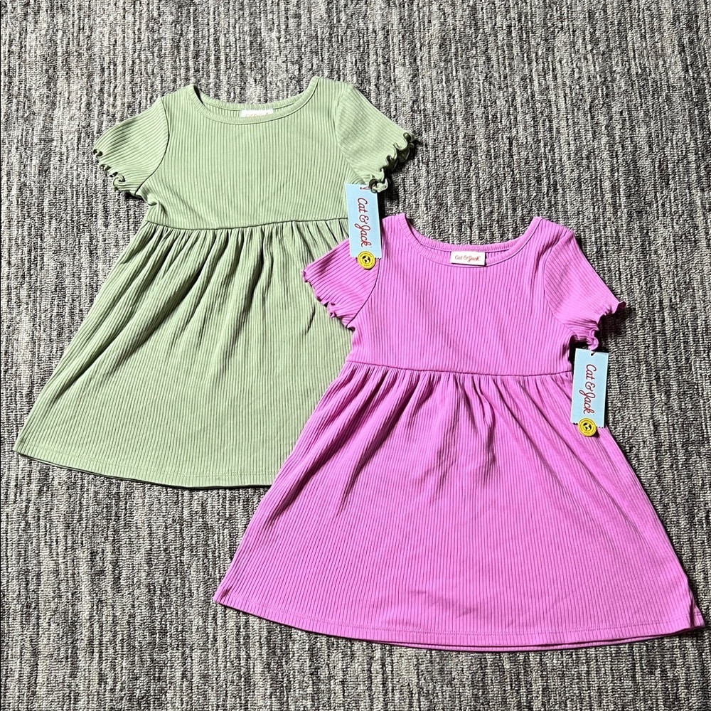 Cat & Jack Ribbed Green and Pink Dresses 2 Pieces Set Size 3T - Picture 2 of 7